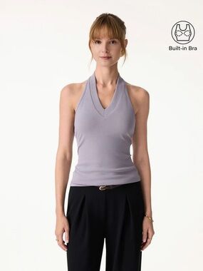 NWT OGL Plantive Halter Neck Open Back Bra Tank IN GLOSSY GRAPE
